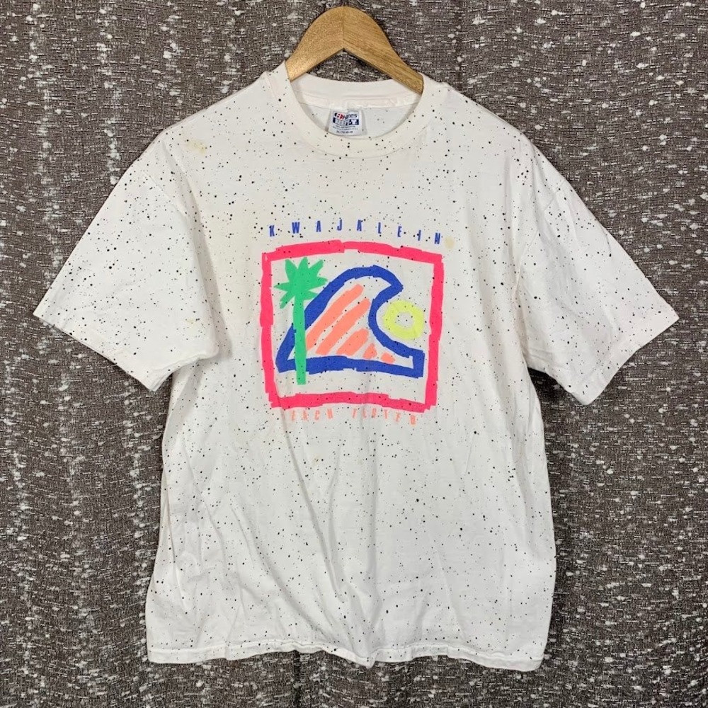 VTG 80s Kwajalein Atoll Beach Club Shirt Hanes Beefy Neon Wave Speckle Splatter